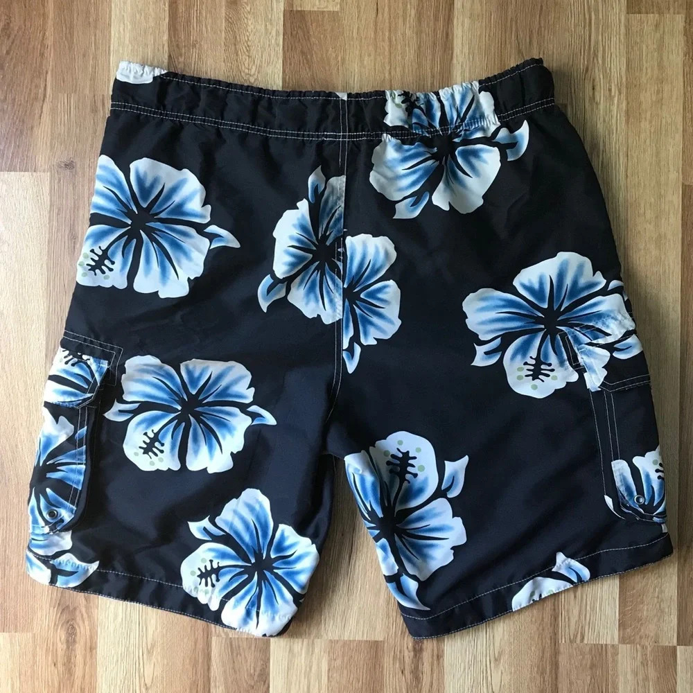 Arizona Men’s Blue Hawaiian Hibiscus Print Cargo Swim Trunks - Size Large - Picture 2 of 5
